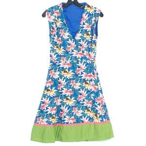 Handmade Dress Wrap Koi Fish Retro Feminine Boho Garden Party Summer Blue XS